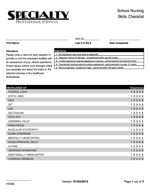 School Nursing Skills Checklist
