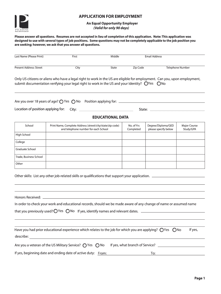 Fillable Online Application for employment Picerne Real Estate Group