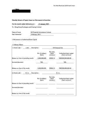 Monthly Return of Equity Issuer on Movements in Securities