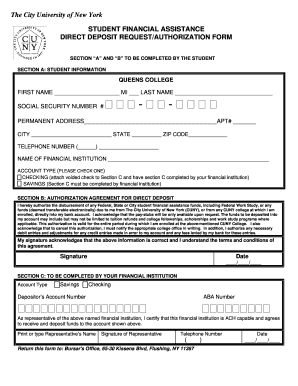 CUNY Student Financial Assistance Direct Deposit Form