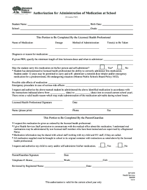 Authorization for Administration of Medication at School