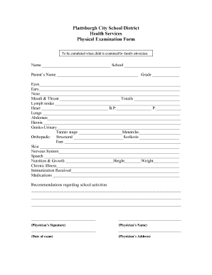 Plattsburgh City School District Physical Examination Form