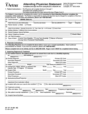 Attending Physician Statement for Aetna Life Insurance