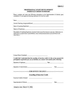 Professional Staff Development Inservice Credit Form