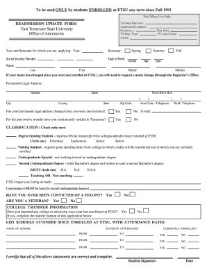 East Tennessee State University Readmission Update Form