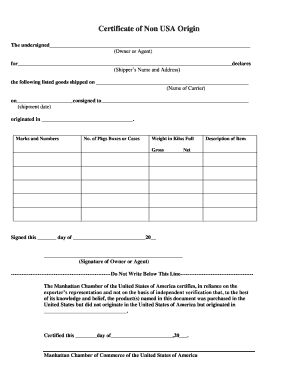 Certificate of Non USA Origin