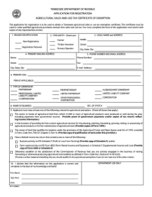 Tennessee Agricultural Sales and Use Tax Exemption Application