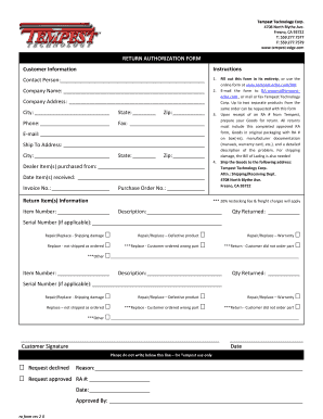 Tempest Technology Return Authorization Form