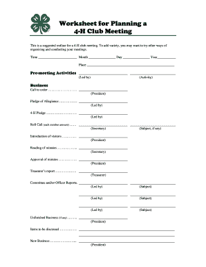 4-H Club Meeting Planning Worksheet