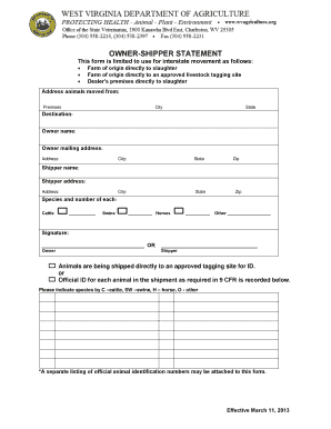 Owner-Shipper Statement for Interstate Livestock Movement