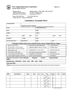 West Virginia Animal Health Laboratory Accession Form
