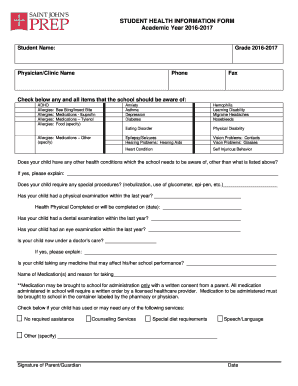 Student Health Information Form