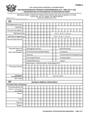 Incorporation of Partnership Re-Registration Form