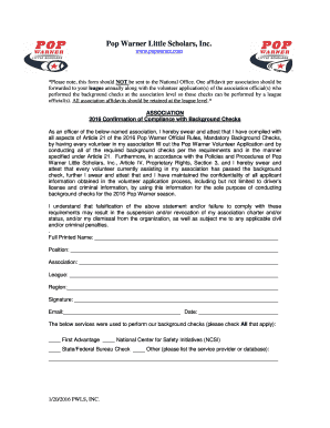 2016 Pop Warner Background Check Compliance Affidavit