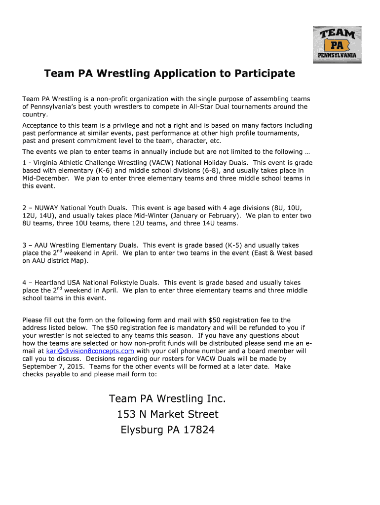 Fillable Online Team PA Wrestling Application to Participate Fax Email