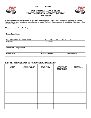 Pop Warner Dance Team Prop/Costuming Approval Form