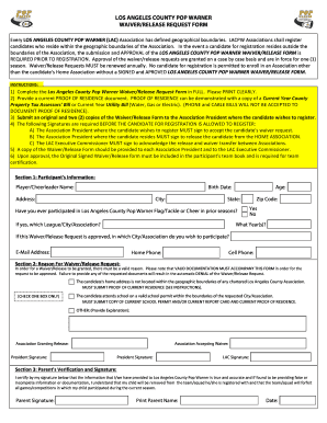 Los Angeles County Pop Warner Waiver Release Form