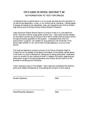 Ontario School District Drug Testing Authorization