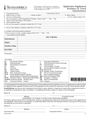 Transamerica Life Insurance Residency Questionnaire