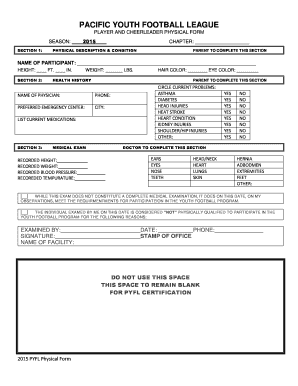 Pacific Youth Football League Physical Form