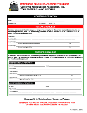 California Youth Soccer Team Roster Change Form