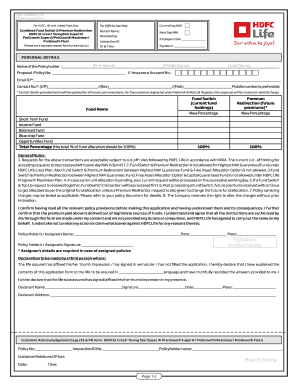 HDFC Life Fund Switch and Premium Redirection Form