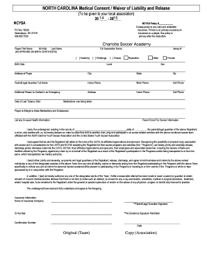 North Carolina Youth Soccer Medical Consent Waiver