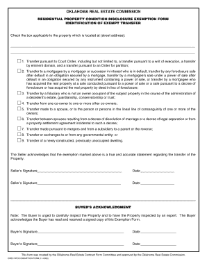 Oklahoma Residential Property Condition Disclosure Exemption Form