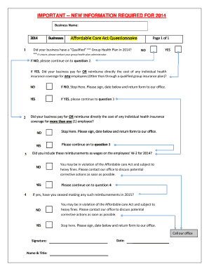 2014 Businesses Affordable Care Act Questionnaire