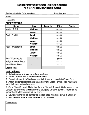 Northwest Outdoor Science School Souvenir Order Form