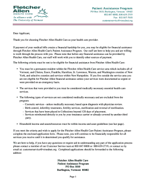 Fletcher Allen Health Care Patient Assistance Program Application