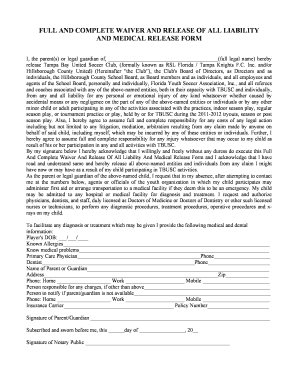 Full and Complete Waiver and Release of All Liability and Medical Release Form