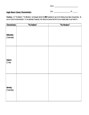 Anglo-Saxon Literary Characteristics Worksheet