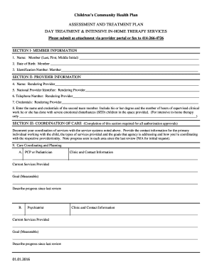Children's Community Health Plan Assessment and Treatment Form