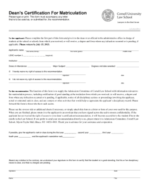 Dean’s Certification For Matriculation
