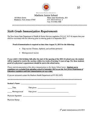 New Jersey Sixth Grade Immunization Requirements Form