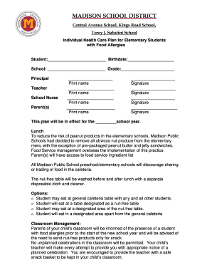 Madison School District Food Allergy Health Plan