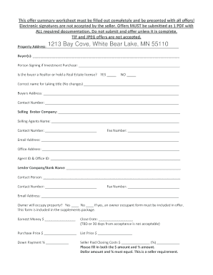 Real Estate Purchase Agreement Offer Summary Worksheet
