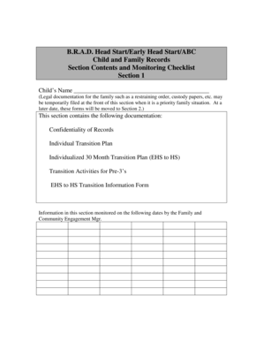 Head Start Child and Family Records Checklist