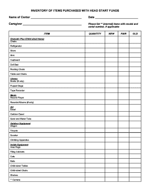 Fillable Online INVENTORY OF ITEMS PURCHASED WITH HEAD START FUNDS Name ...