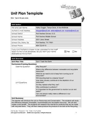 Unit Plan Template for Recycling Education