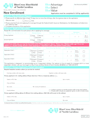 Blue Cross Blue Shield of North Carolina New Enrollment Application
