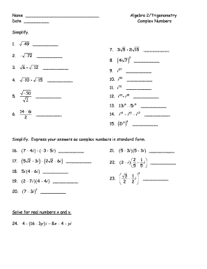 Algebra 2/Trigonometry Complex Numbers Worksheet