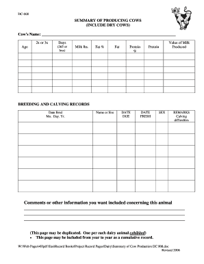 Dairy Cow Production Summary Form
