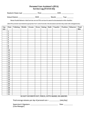 Personal Care Assistant Service Log