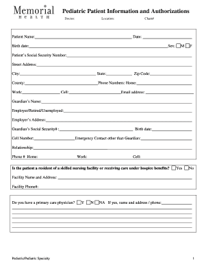 Pediatric Patient Information and Authorizations Form