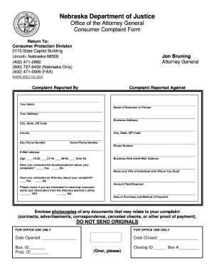 Nebraska Consumer Complaint Form