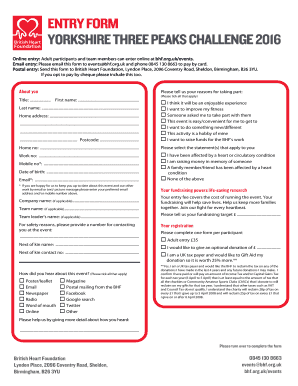 ENTRY FORM YORKSHIRE THREE PEAKS CHALLENGE 2016 - BHF