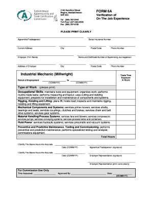 Saskatchewan Form 6A On The Job Experience