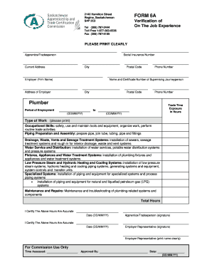 Saskatchewan Plumber On The Job Experience Form 6A